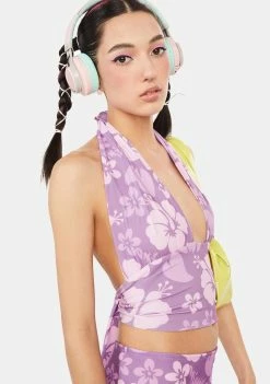 O Mighty Crop Halter Top Purple Hibiscus Halter Top