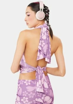 O Mighty Crop Halter Top Purple Hibiscus Halter Top