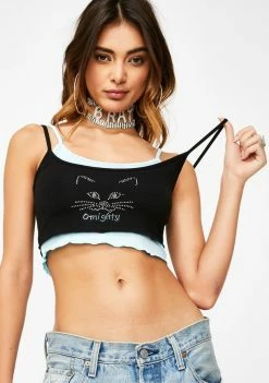O Mighty Tops Kitty Rhinestone Double Layer Crop Tank