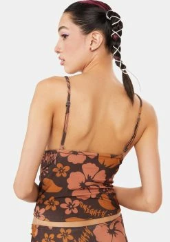 O Mighty Tank Crop Top Mocha Hibiscus Lace Cami