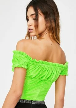 O Mighty Neon Green Velvet Rose Top