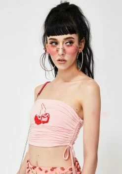 O Mighty Pink Cherry Drawstring Tube Top Tops