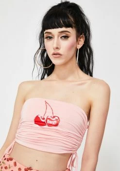O Mighty Pink Cherry Drawstring Tube Top Tops