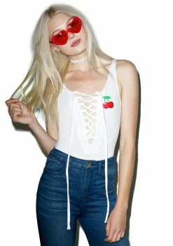 O Mighty Tops Cherry Lace-Up Bodysuit