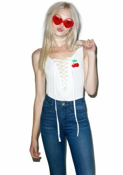 O Mighty Tops Cherry Lace-Up Bodysuit
